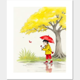 kid playing in water puddles. Posters and Art